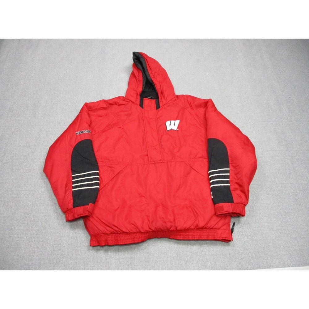 Vintage Wisconsin Badgers Jacket Mens XL Red Starter Puffer Coat Hooded Bucky*